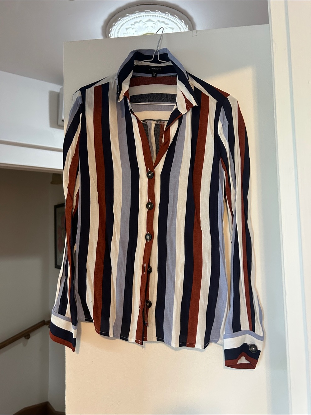 Dynamite Vertical Striped Button-Down in Navy, Rust & White